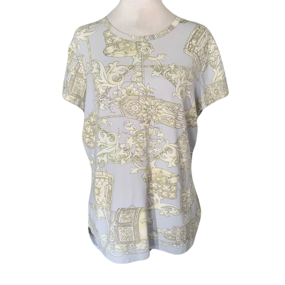 J. McLaughlin XL Cream & Light Blue Graphic Catalina Cloth Short Sleeve Top